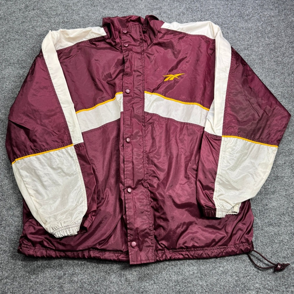 Reebok Windbreaker Jacket Mens L Maroon White Vintage Full Zip Snap